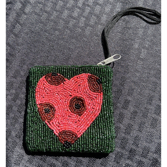 Valentine's Heart Pink Green Beaded Coin Purse With Handle 5" x 4" Toni - Picture 1 of 6